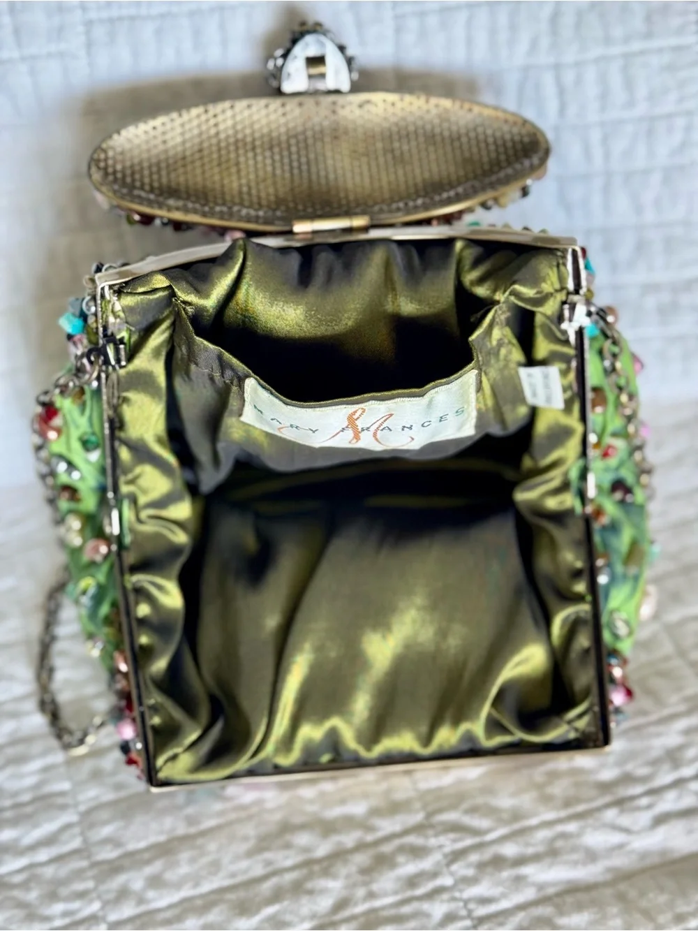 Vintage Mary Frances Beaded Green Embellished Evening Clutch with Chain